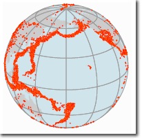 World with orthographic projected coordinate system showing earthquakes