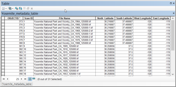 Metadata table example