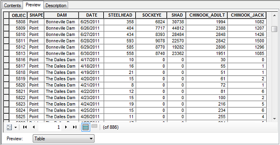Attribute table of dams dataset