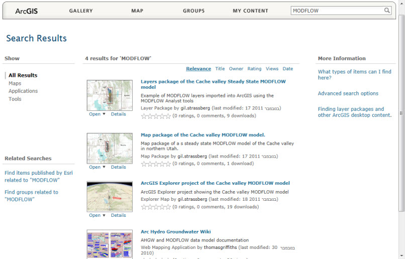 Search results in ArcGIS Online when searching for MODFLOW.
