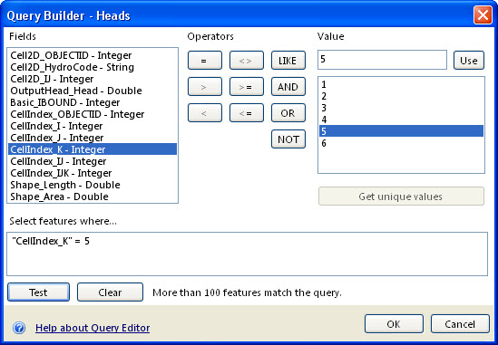 ArcGIS Explorer Query Builder is used to display simulated heads for layer 5 of the MODFLOW model.