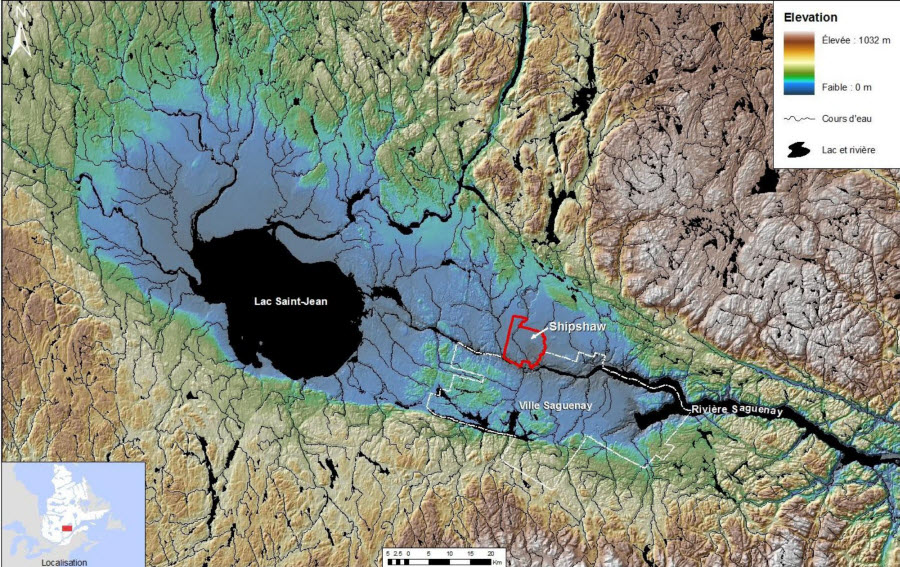 Figure caption - Location and digital elevation model (DEM) of the Saguenay-Lac-St-Jean region of Quebec and location of the Shipshaw study area (after Chesnaux et al., 2011).