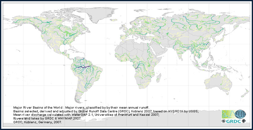 GRDC: Major River Basins of the World: Major rivers classified by thier mean annual runoff.