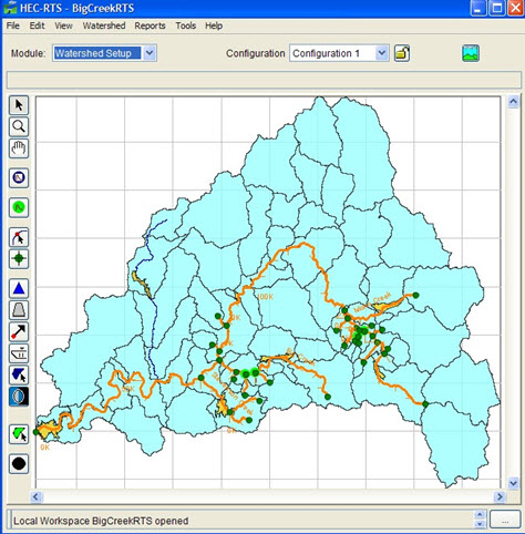 Screen shot of the HEC-RTS stream network and watershed