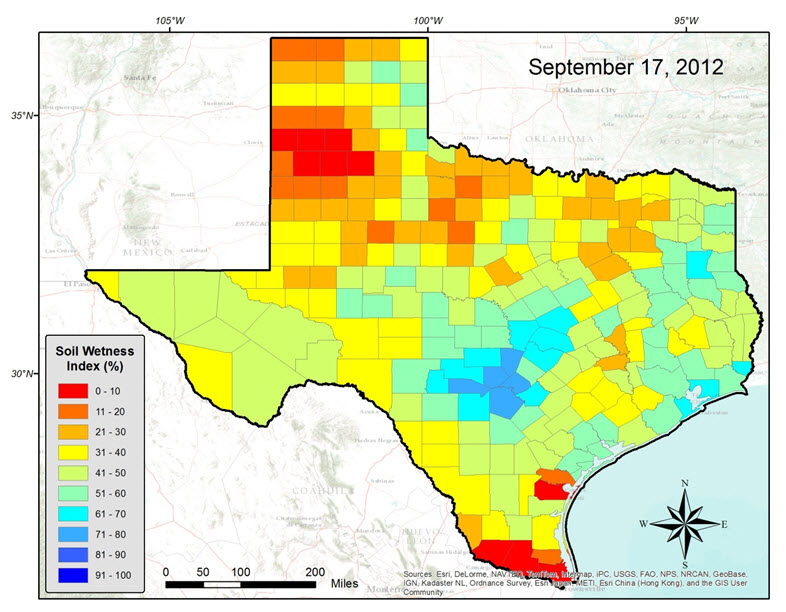 Soil Wetness Index in Texas.